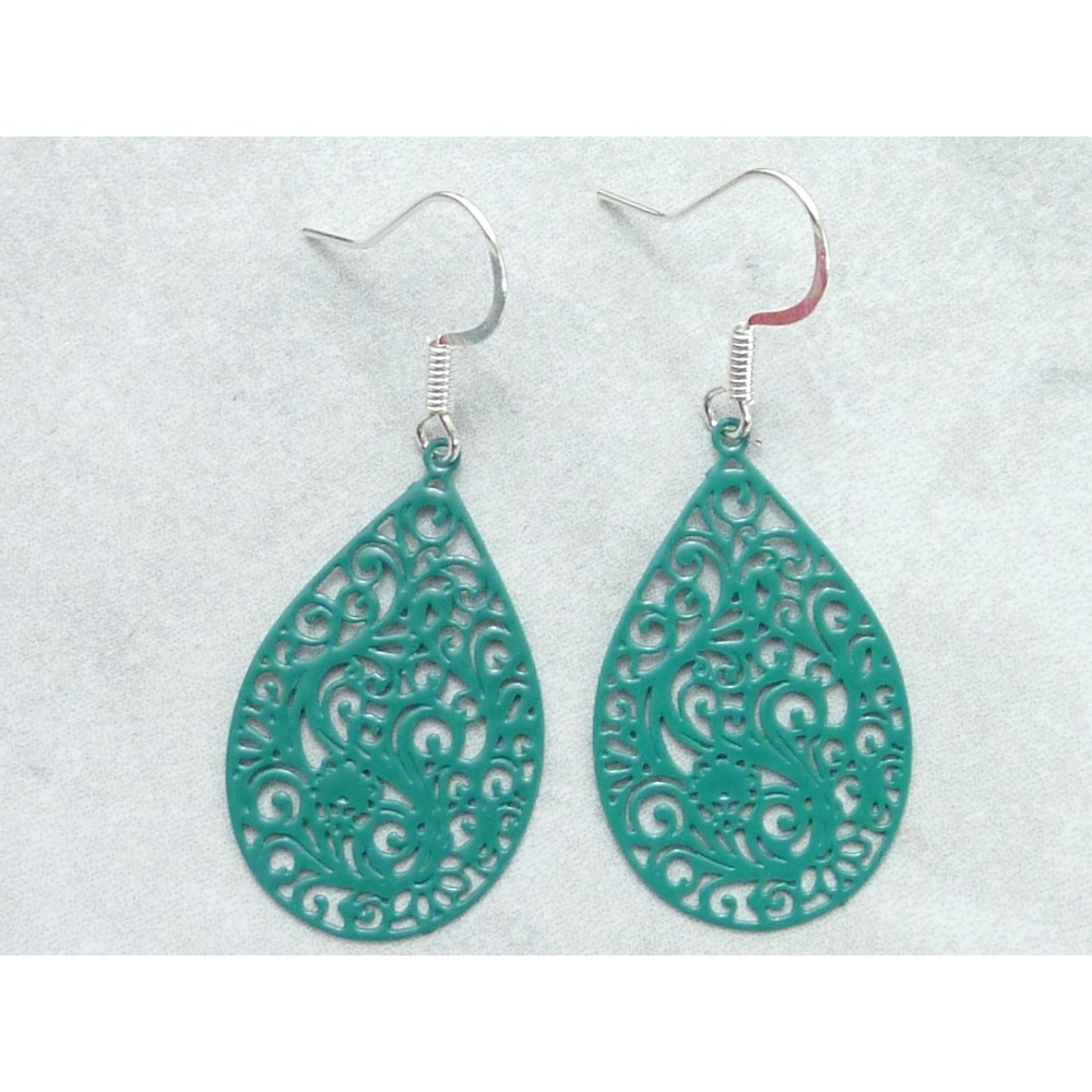 Green Metal Filigree Earrings